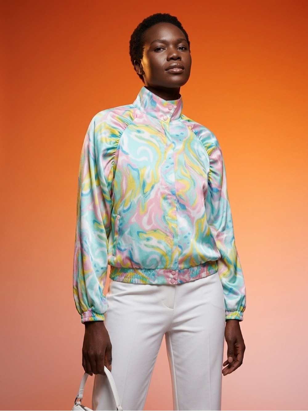 Vintage 80s 90s Bocco Pastel Marble Swirl Track Jacket Bomber Puff Sleeve Medium